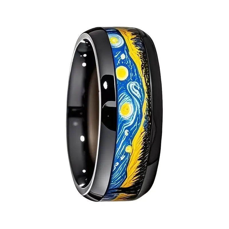 Pulseira Artística Van Gogh | Contas Pretas 8mm em Aço Inoxidável | Estrelas e Lua