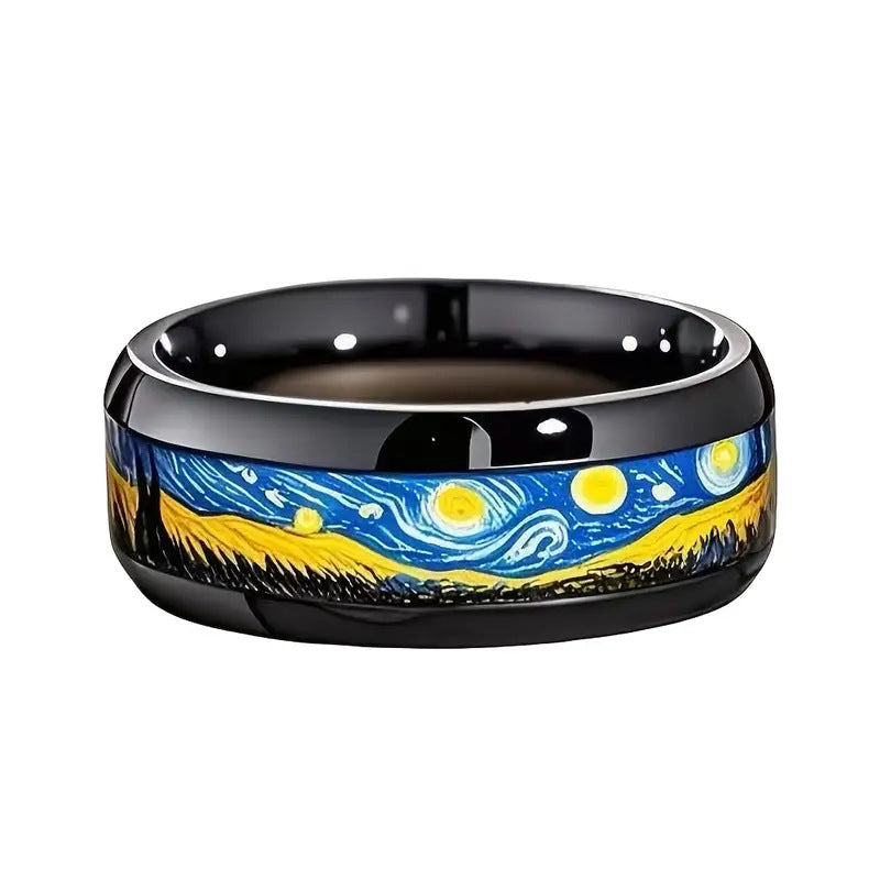 Pulseira Artística Van Gogh | Contas Pretas 8mm em Aço Inoxidável | Estrelas e Lua