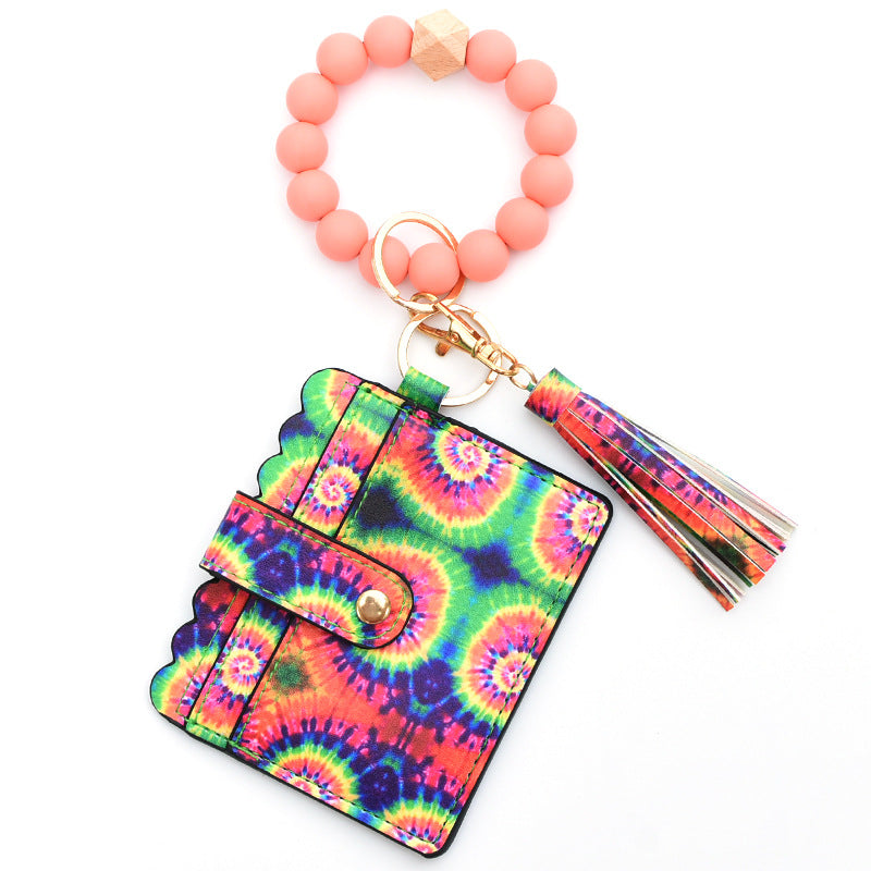 Pulseira de Contas de Silicone Coloridas | Porta-Cartão com Porta-Chaves e Borla