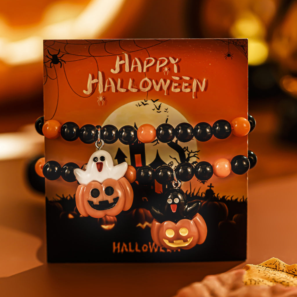 Pulseira de Halloween | Fantasmas e Abóboras | Missângas Cerâmicas Multicamadas