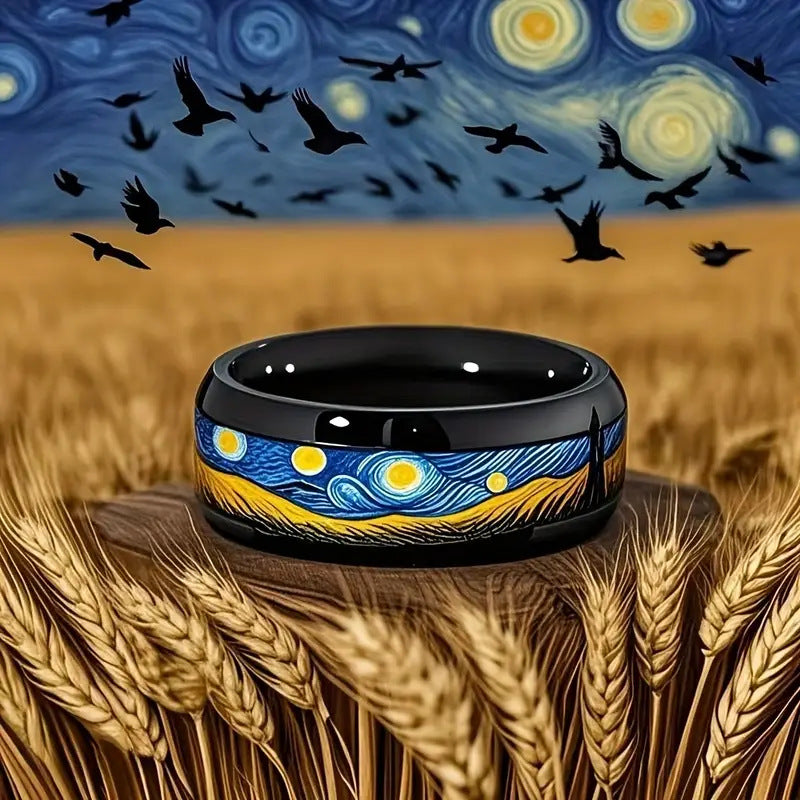 Pulseira Artística Van Gogh | Contas Pretas 8mm em Aço Inoxidável | Estrelas e Lua